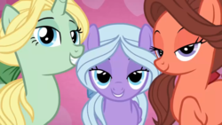 Size: 1366x768 | Tagged: safe, screencap, dear darling, fond feather, swoon song, pony, hard to say anything, background pony, battle for sugar belle, bedroom eyes, bimbettes, female, flirting, mare, trio, trio female