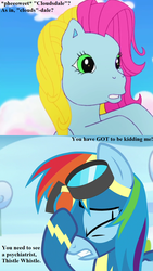 Size: 729x1296 | Tagged: safe, edit, edited screencap, editor:korora, screencap, rainbow dash, thistle whistle, friends are never far away, g3, g4, parental glideance, clothes, cropped, dialogue, facehoof, g3 to g4, generation leap, goggles, nephophobia, text, that pony sure does fear clouds, uniform, whistling, wonderbolts uniform