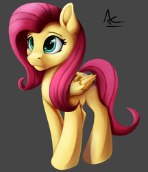 Size: 1600x1855 | Tagged: safe, artist:ac-whiteraven, fluttershy, pegasus, pony, g4, female, folded wings, mare, simple background, smiling, solo, standing, three quarter view, wings