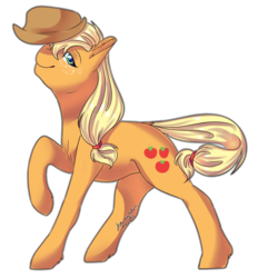 Size: 1280x1378 | Tagged: safe, artist:dreamcatcher, applejack, earth pony, pony, g4, cowboy hat, cutie mark, female, freckles, hat, looking at you, mare, outline, raised hoof, simple background, smiling, solo, stetson, transparent background, trick