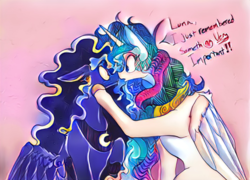 Size: 712x512 | Tagged: safe, artist:greyscaleart, color edit, edit, princess celestia, princess luna, alicorn, pony, g4, alicorns only, colored, dialogue, duo, duo female, female, mare, paintschainer, royal sisters