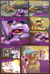 Size: 1080x1584 | Tagged: safe, artist:firefanatic, applejack, fluttershy, pinkie pie, twilight sparkle, alicorn, monster pony, original species, pony, tatzlpony, comic:agents of hoo-men, g4, angry, comic, dialogue, fluffy, ocd, pinkamena diane pie, rapidash twilight, species swap, tatzljack, twilight sparkle (alicorn), what is hoo-man, yelling