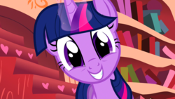 Size: 1920x1080 | Tagged: safe, screencap, twilight sparkle, pony, unicorn, g4, look before you sleep, adorkable, bookhorse, bookworm, cute, dork, excited, female, glowing horn, golden oaks library, grin, happy, head tilt, horn, looking at you, magic, magic glow, mane, mare, purple smart, smiling, solo, squee, twiabetes, unicorn twilight