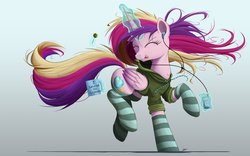 Size: 2000x1248 | Tagged: safe, artist:ncmares, princess cadance, alicorn, pony, ask majesty incarnate, g4, candy, clothes, cute, cutedance, dancing, earbuds, eyes closed, female, food, glowing horn, headphones, hoodie, horn, ipod, jacket, levitation, listening, lollipop, magic, majestic as fuck, mare, mug, music, ncmares is trying to murder us, nose wrinkle, signature, simple background, socks, solo, striped socks, telekinesis, the implications are horrible, tongue out, white background