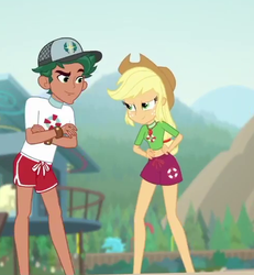 Size: 485x525 | Tagged: safe, screencap, applejack, timber spruce, equestria girls, g4, my little pony equestria girls: better together, turf war, booty shorts, cap, clothes, cropped, duo, face to face, female, geode of super strength, hat, lifeguard timber, male, shorts, smug, swimsuit