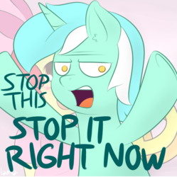 Size: 795x797 | Tagged: safe, artist:lamia, edit, lyra heartstrings, pony, dialogue, female, it's time to stop, reaction image, solo