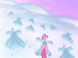 Size: 900x675 | Tagged: safe, artist:turquoisethought, pinkie pie, earth pony, pony, g4, clothes, female, happy, hat, lying, pleased, pleasure, smiling, snow, snow angel, solo, winter