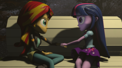 Size: 1920x1080 | Tagged: safe, artist:oc1024, edit, part of a set, sunset shimmer, twilight sparkle, equestria girls, g4, 3d, bench, female, lesbian, night, part of a series, ship:sunsetsparkle, shipping, sitting, source filmmaker