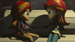 Size: 1920x1080 | Tagged: safe, artist:oc1024, derpibooru exclusive, edit, part of a set, sunset shimmer, equestria girls, g4, 3d, bench, duality, female, human paradox, lesbian, night, part of a series, self paradox, selfcest, shimshim, shipping, sitting, source filmmaker