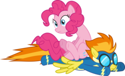 Size: 10550x6400 | Tagged: safe, artist:parclytaxel, pinkie pie, spitfire, earth pony, pegasus, pony, g4, secrets and pies, .svg available, absurd resolution, clothes, female, flying, goggles, mare, pinkie pie riding spitfire, ponies riding ponies, riding, simple background, sitting, transparent background, uniform, vector, wonderbolts uniform
