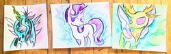 Size: 1024x325 | Tagged: safe, artist:colorsceempainting, queen chrysalis, starlight glimmer, thorax, changedling, changeling, g4, king thorax, traditional art, watercolor painting