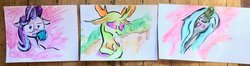 Size: 1024x270 | Tagged: safe, artist:colorsceempainting, queen chrysalis, starlight glimmer, thorax, changedling, changeling, changeling queen, pony, unicorn, g4, i mean i see, king thorax, traditional art, watercolor painting