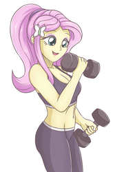 Size: 2338x3248 | Tagged: safe, artist:sumin6301, fluttershy, equestria girls, g4, alternate hairstyle, belly, belly button, breasts, clothes, dumbbells, female, high res, leggings, midriff, ponytail, simple background, smiling, solo, sports bra, weight lifting, white background, workout, workout outfit