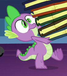 Size: 416x475 | Tagged: safe, screencap, spike, dragon, g4, season 7, shadow play, book, carrying, cropped, male, spread toes, struggling, underfoot