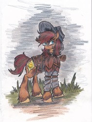 Size: 2512x3316 | Tagged: safe, artist:zubias, oc, oc only, oc:sunny days, earth pony, pony, fallout equestria, fallout equestria: murky number seven, clothes, fanfic art, female, hat, high res, mare, solo, traditional art