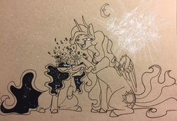 Size: 1280x883 | Tagged: safe, artist:greyscaleart, princess celestia, princess luna, alicorn, pony, g4, constellation, constellation freckles, cute, female, luna is not amused, mare, monochrome, noogie, royal sisters, simple background, sketch, smiling, supernova, traditional art, unamused