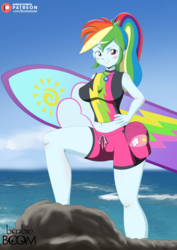 Size: 900x1273 | Tagged: safe, artist:emjapeve-art, rainbow dash, blue crushed, equestria girls, equestria girls series, g4, beach, clothes, female, hand on hip, smiling, solo, surfboard, swimming trunks, swimsuit