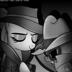 Size: 1200x1200 | Tagged: safe, artist:lennonblack, rarity, spike, dragon, pony, g4, rarity investigates, black and white, clothes, coat, detective rarity, eyes closed, female, grayscale, hat, male, mare, monochrome, noir, sunglasses