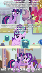 Size: 1869x3213 | Tagged: safe, edit, edited screencap, screencap, apple bloom, scootaloo, starlight glimmer, sweetie belle, twilight sparkle, alicorn, pony, unicorn, g4, marks for effort, chocolate, cutie mark crusaders, discovery family logo, discussion in the comments, drama, empathy cocoa, food, hot chocolate, image macro, marshmallow, meme, misspelling, op is a duck, starlight drama, twilight sparkle (alicorn)