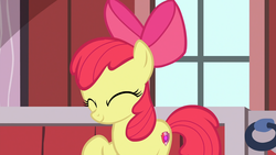 Size: 1920x1080 | Tagged: safe, screencap, apple bloom, earth pony, pony, g4, the break up breakdown, adorabloom, barn, bow, cute, eyes closed, female, filly, hair bow, raised hoof, smiling, solo