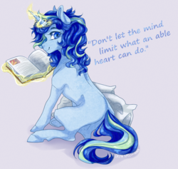 Size: 900x854 | Tagged: safe, artist:castaspellliana, oc, oc:sparkling sapphire, pony, unicorn, series:sciset diary, book, levitation, magic, magical lesbian spawn, offspring, older, paraplegic, paraplegic mare, parent:sci-twi, parent:sunset shimmer, parents:scitwishimmer, telekinesis