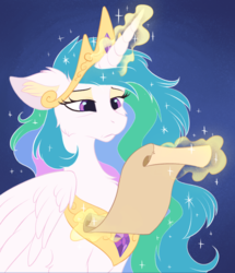 Size: 868x1011 | Tagged: dead source, safe, artist:hioshiru, princess celestia, alicorn, pony, g4, blue background, busy, cheek fluff, chest fluff, digital art, ear fluff, explicit source, eyeshadow, female, glowing horn, horn, jewelry, magic, makeup, mare, necklace, reading, scroll, simple background, solo, telekinesis, tired