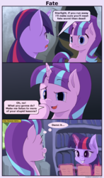 Size: 1330x2260 | Tagged: safe, artist:frenkieart, starlight glimmer, twilight sparkle, alicorn, pony, unicorn, g4, comic, dialogue, female, glowing horn, grin, horn, magic, mare, smiling, speech bubble, telekinesis, twilight sparkle (alicorn)