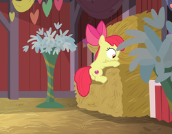 Size: 1394x1080 | Tagged: safe, screencap, apple bloom, earth pony, pony, g4, the break up breakdown, barn, climbing, cropped, cutie mark, female, filly, hay, hay bale, solo, the cmc's cutie marks
