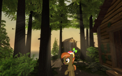 Size: 800x500 | Tagged: safe, artist:dashiesparkle, artist:tawaki, button mash, earth pony, g4, beanie, cabin, colt, foal, happy, hat, male, myst, myst island, ocean, power house, propeller hat, realmyst masterpiece edition, that pony sure does love computer games, tree