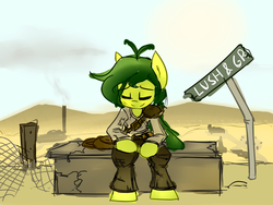 Size: 3200x2400 | Tagged: safe, artist:spheedc, oc, oc only, oc:tree sap, earth pony, semi-anthro, bipedal, clothes, desert, digital art, eyes closed, female, fence, high res, mare, sign, sitting, smiling, smoke, solo, wasteland