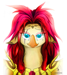 Size: 960x1080 | Tagged: safe, artist:zidanemina, captain celaeno, semi-anthro, g4, my little pony: the movie, alternate hair color, alternate hairstyle, bust, colored, crossover, female, floppy ears, garuda, looking at you, majestic, portrait, saint seiya, smiling, solo