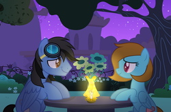 Size: 6500x4231 | Tagged: safe, artist:soowen, artist:teepew, oc, oc only, oc:diamond breeze, oc:neo miles, pegasus, pony, absurd resolution, base used, candle, commission, flower, goggles, neomond, night, outdoors, romantic, sitting, table, ych result