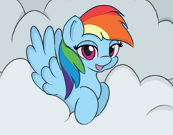 Size: 840x656 | Tagged: safe, artist:treekickerdraws, rainbow dash, pegasus, pony, g4, cloud, cute, dashabetes, female, looking at you, manechat challenge, mare, open mouth, open smile, smiling, smiling at you, solo, spread wings, wings