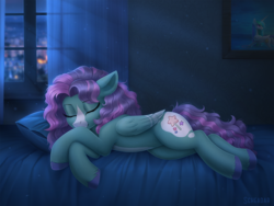 Size: 1200x901 | Tagged: safe, artist:scheadar, oc, oc only, oc:sugar star, pegasus, pony, bed, city, commission, female, mare, pillow, sleeping, solo, window, ych result