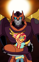 Size: 2997x4810 | Tagged: safe, artist:edcom02, sunset shimmer, equestria girls, g4, crossover, hot rod, rodimus prime, transformers, transformers animated