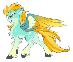 Size: 1093x926 | Tagged: dead source, safe, artist:hioshiru, lightning dust, pegasus, pony, g4, alternate design, alternate hairstyle, chest fluff, colored wings, colored wingtips, ear fluff, explicit source, female, mare, redesign, side view, simple background, slender, smiling, solo, thin, unshorn fetlocks, white background