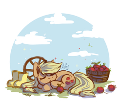 Size: 1212x1012 | Tagged: safe, artist:ami-gami, applejack, earth pony, pony, g4, apple, barrel, boots, cute, female, food, hatless, jackabetes, mare, missing accessory, shoes, sleeping, solo