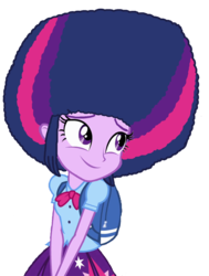 Size: 1189x1576 | Tagged: safe, artist:andrestoons, artist:bigpurplemuppet99, edit, vector edit, twilight sparkle, equestria girls, g4, afro, alternate hairstyle, cutie mark on clothes, female, simple background, solo, transparent background
