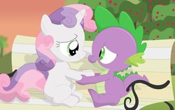 Size: 1123x711 | Tagged: safe, artist:porygon2z, spike, sweetie belle, g4, apple tree, bench, cute, diasweetes, female, male, ship:spikebelle, shipping, spikabetes, straight, tree