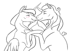 Size: 1002x694 | Tagged: safe, artist:holka13, king sombra, princess luna, g4, alternate hairstyle, blushing, cute, cute little fangs, eyes closed, fangs, female, happy, holding hooves, male, missing accessory, monochrome, nuzzling, ship:lumbra, shipping, smiling, straight