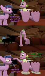 Size: 1920x3240 | Tagged: safe, anonymous artist, spike, twilight sparkle, alicorn, dragon, pony, comic:zits, g4, 3d, coaster, couch, older, older spike, table, teenage spike, teenaged dragon, teenager, twilight sparkle (alicorn)