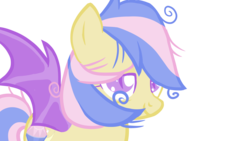 Size: 1280x720 | Tagged: safe, artist:sodadoodle, oc, oc only, oc:flowfly, bat pony, pony, bat pony oc, blue mane, cutie mark, female, lidded eyes, looking at you, messy mane, pink mane, purple eyes, simple background, solo, tired, transparent background, wings, yellow
