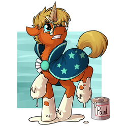 Size: 4000x4000 | Tagged: safe, artist:sugaryviolet, sunburst, oc, oc:nickyvmlp, earth pony, pony, g4, absurd resolution, cel shading, chest fluff, clothes, cosplay, costume, cute, dessert, dropped ice cream, food, ice cream, ice cream cone, ice cream horn, improvisation, male, ocbetes, paint, paint can, solo