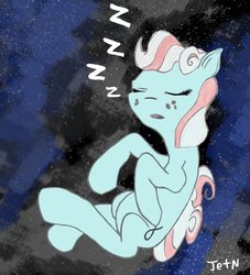 Size: 852x937 | Tagged: safe, artist:jetn-in-dark, oc, oc only, oc:inverse, earth pony, pony, female, floating, mare, sleeping, sleeping while flying, solo, space, zzz
