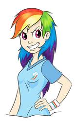 Size: 591x960 | Tagged: safe, artist:vesmirart, rainbow dash, human, g4, clothes, female, hand on hip, humanized, looking at you, simple background, solo, white background