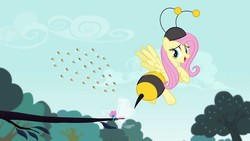 Size: 1280x720 | Tagged: safe, screencap, fluttershy, bee, pegasus, pony, g4, it ain't easy being breezies, season 4, animal costume, bee costume, clothes, costume, flutterbee, sky, tree