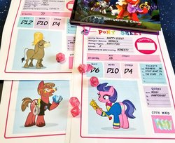 Size: 1024x836 | Tagged: safe, artist:pixelkitties, cranky doodle donkey, oc, oc:mappy quest, donkey, earth pony, pony, g4, tails of equestria, bowtie, chest of harmony, clothes, female, male, mare, reference sheet, rpg, scepter, stallion, twilight scepter, wig