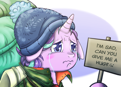 Size: 1400x1000 | Tagged: safe, artist:brother-lionheart, starlight glimmer, pony, unicorn, g4, the mean 6, beanie, bronybait, camping outfit, clothes, crying, female, floppy ears, hug request, mare, sadlight glimmer, sign, solo