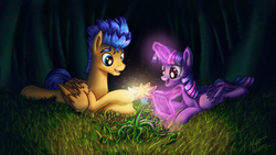 Size: 4096x2304 | Tagged: safe, artist:nightpaint12, flash sentry, twilight sparkle, alicorn, pegasus, pony, g4, bioluminescent, dark, duo, female, flower, forest, magic, male, notepad, prone, ship:flashlight, shipping, smiling, sploot, straight, telekinesis, twilight sparkle (alicorn)