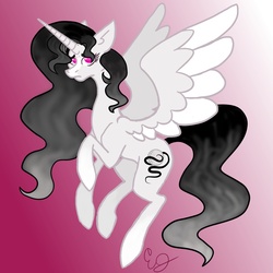 Size: 1500x1500 | Tagged: safe, artist:lilac pone, oc, oc:princess yin, oc:yin, alicorn, pony, alicorn oc, alicorn princess, alicorn princess oc, bangs, beautiful, black mane, concerned, cutie mark, elegant, eyebrows, eyelashes, feather, female, flowing mane, flowing tail, flying, gray coat, horn, mare, married, pink eyes, pretty, princess, princess of harmony, royalty, white coat, white hooves, white nose, wife, wings, worried, yin-yang